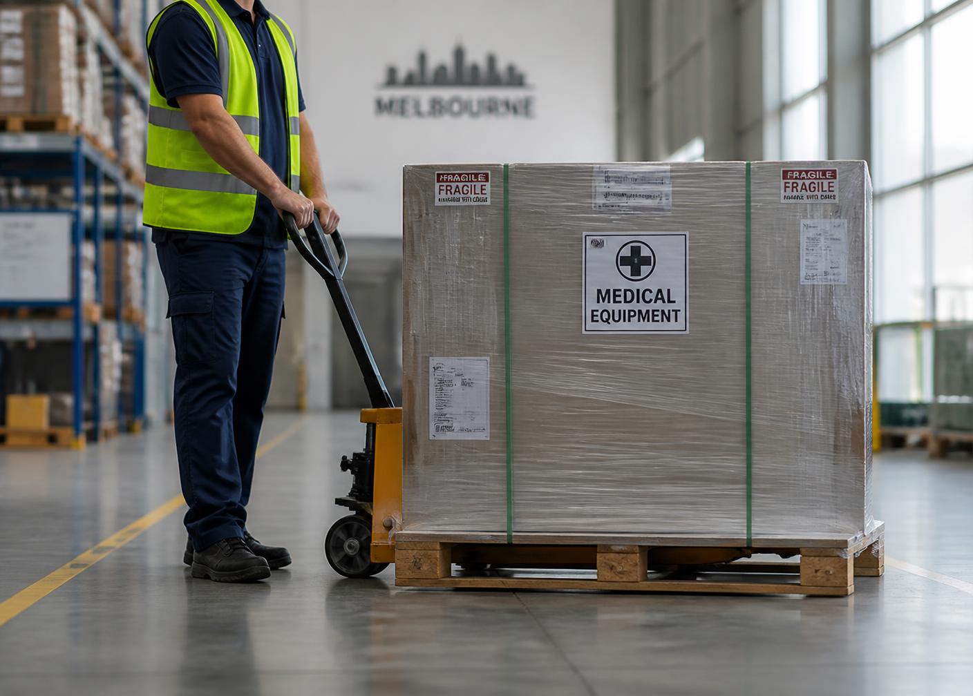 Careful handling of medical equipment in a modern warehouse