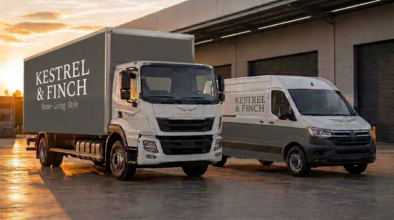 Truck and van wrapped in a retail client's branding — your livery can travel on our vehicles
