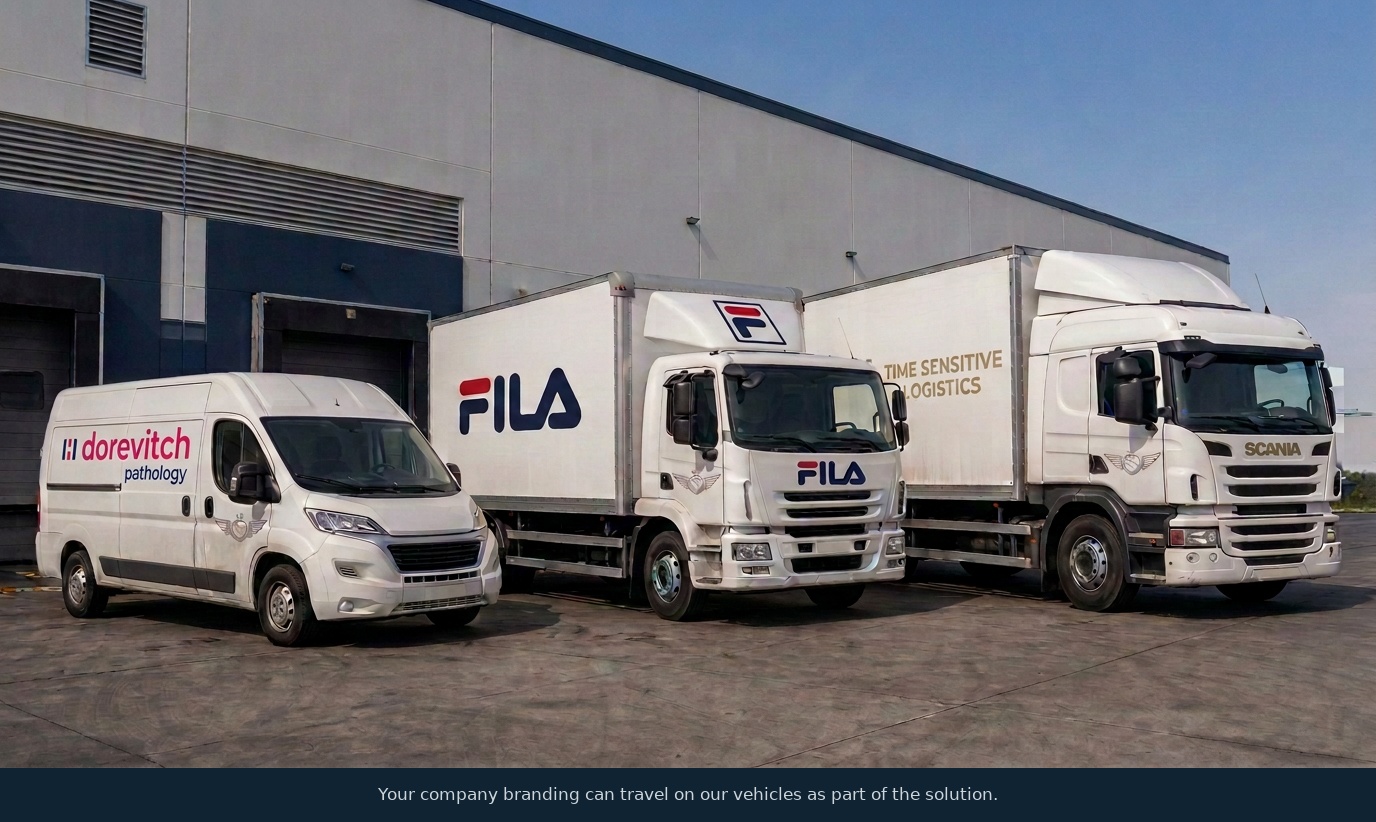 Time Sensitive trucks and van in client liveries — client branding can travel on the vehicles, and drivers can wear the client's uniform